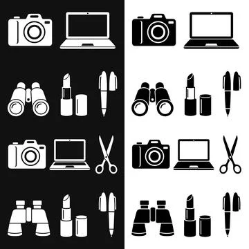 Collection of black and white vector icons of cameras, laptops, binoculars,.. Stock Illustration