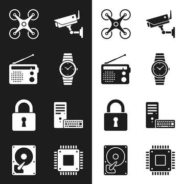 Collection of black and white vector icons representing technology and secu.. Stock Illustration