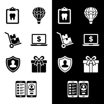 Collection of black and white vector icons representing dental care, travel.. Stock Illustration