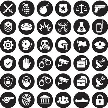 Collection of black and white vector icons representing security, law enfor.. Stock Illustration