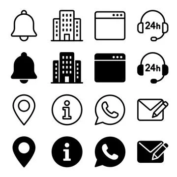 Collection of black and white vector icons representing communication, loca.. Stock Illustration
