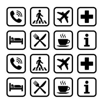 Collection of black and white vector icons representing services like phone.. Illustrazione stock