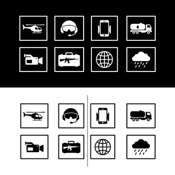 Collection of black and white vector icons representing helicopter, pilot h.. Иллюстрация