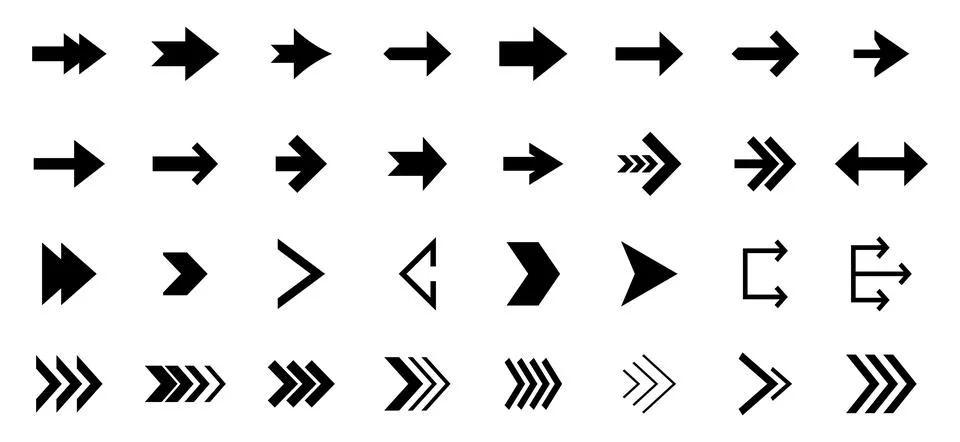 Collection of black arrow icons pointing in various directions and styles s.. Stock Illustration