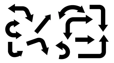 Collection of black arrows pointing in various directions on white backgrou.. Stock Illustration