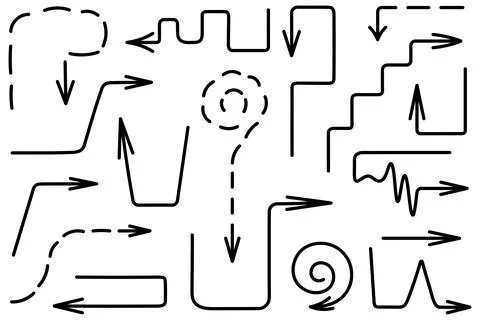 Collection of black arrows. Set of direction signs. Sketch. Hand drawn signs. Ilustración de archivo