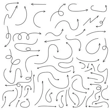 A collection of black arrows in various directions. Curved arrows, straight a Stock Illustration