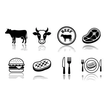 Collection of black beef and meat icons including cow, steak, burger, and c.. Illustrazione stock