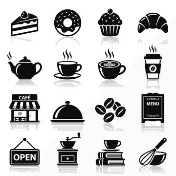 Collection of black cafe and coffee shop icons including cake, donut, cupca.. Stock Illustration