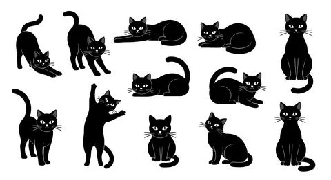 Collection of Black Cat Poses - Cute and Playful Feline Illustrations Illustrazione stock