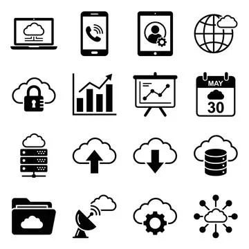 Collection of black cloud computing and technology icons including laptop, .. Stockillustratie