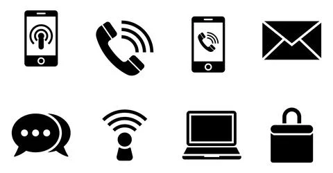 Collection of black communication and technology on white background smartpho Stock Illustration
