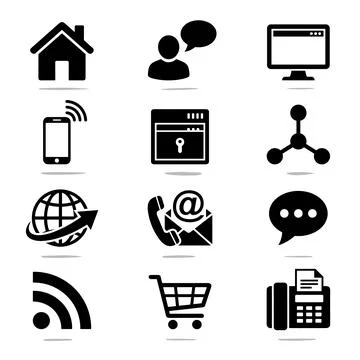 Collection of black communication and technology icons including home, user.. Stock Illustration