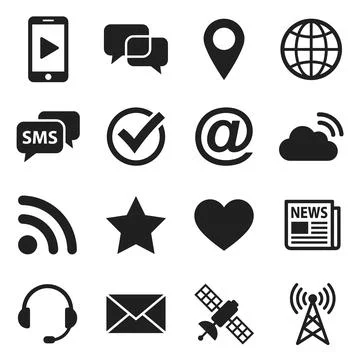 Collection of black communication and technology icons including smartphone.. Stock Illustration