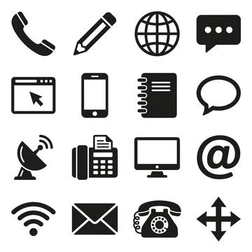 Collection of black communication and technology icons including phone, pen.. Stock Illustration