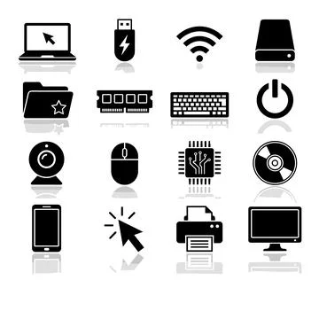 Collection of black computer hardware and technology icons including laptop.. イラスト素材
