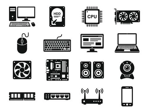 Collection of black computer hardware icons including desktop PC, monitor, .. Stock Illustration