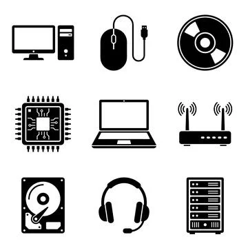 Collection of black computer hardware icons including desktop computer, mou.. Stock Illustration