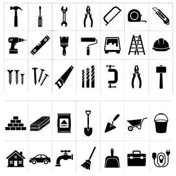 Collection of black construction and DIY tools icons set, including hammer,.. Illustration