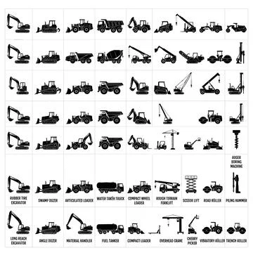 Collection of black construction and heavy machinery vehicle icons and silh.. Stock Illustration
