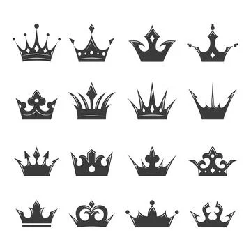 Collection of black crown silhouettes in various elegant designs. Set of roya Stock Illustration