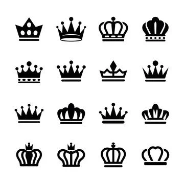 Collection of black crown in various styles white symbol Stock Illustration