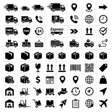 Collection of black delivery and logistics icons including trucks, boxes, g.. Stock Illustration