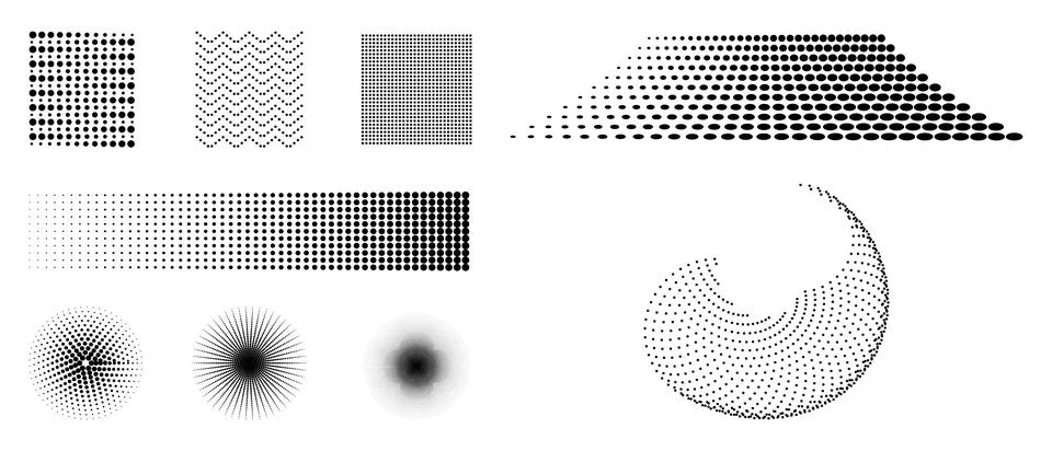 Collection of black dot patterns and gradients on white background dots 스톡 일러스트