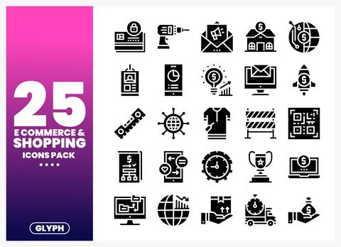Collection of black e-commerce and shopping glyph icons against a pink and .. Stock Illustration