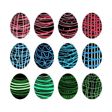 Collection of black Easter eggs with hand drawn patterns on a white backgroun イラスト素材