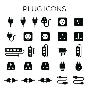 Collection of black electrical plug and socket icons, power strip, adapter,.. Иллюстрация