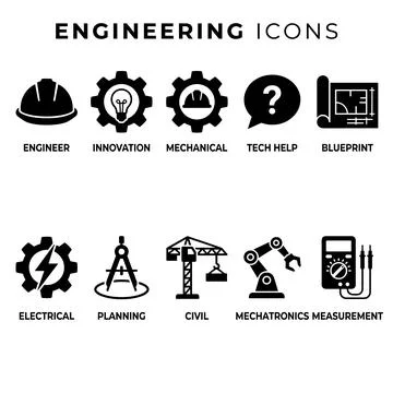 Collection of black engineering icons representing engineer, innovation, me.. イラスト素材