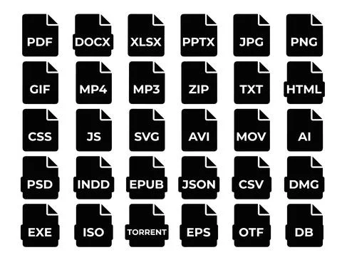 Collection of black file format icons including PDF, DOCX, XLSX, PPTX, JPG,.. Stock Illustration
