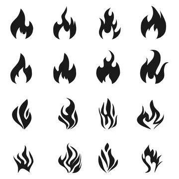Collection of black fire flame silhouettes and flat vector icons for hot Stock Illustration
