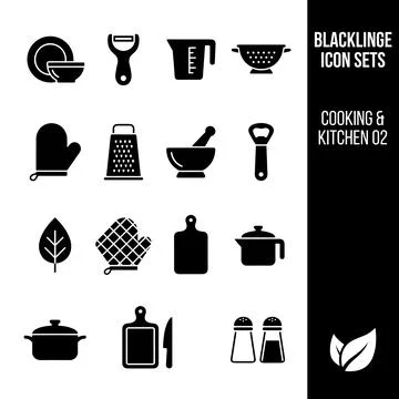 Collection of black flat icons for cooking and kitchen utensils, including .. Stock Illustration