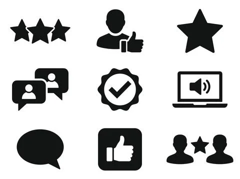Collection of black flat icons representing customer feedback, ratings, com.. Illustrazione stock