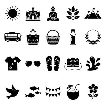 Collection of black flat icons representing travel, vacation, and cultural .. Stock Illustration