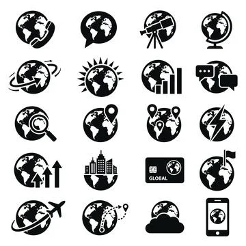 Collection of black flat icons representing global business, communication,.. Stock Illustration