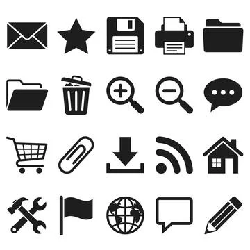 Collection of black flat icons representing common digital and office tools.. Stock Illustration