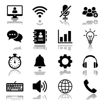 Collection of black flat icons representing technology, communication, and .. Stock Illustration