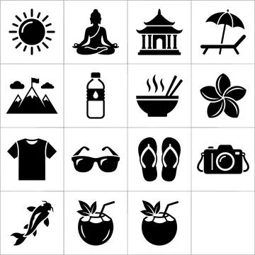 Collection of black flat icons representing travel, vacation, and relaxatio.. Stock Illustration