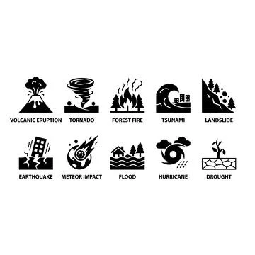 Collection of black flat icons representing natural disasters like volcanic.. Stock Illustration