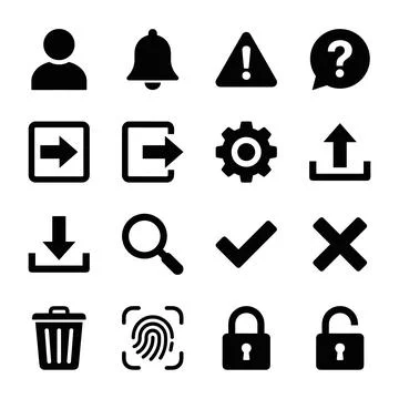 Collection of black flat icons representing user profile, bell, alert, ques.. Stock Illustration