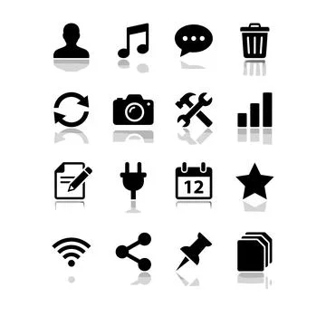 Collection of black flat icons representing user profile, music note, speec.. Illustrazione stock