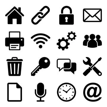 Collection of black flat icons representing common digital and communicatio.. Stock Illustration