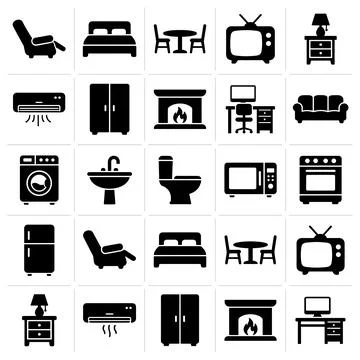 Collection of black flat icons representing home furniture and appliances l.. Stock Illustration