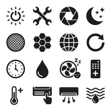 Collection of black flat icons representing power, tools, camera aperture, .. Stock-Illustration