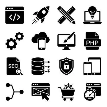Collection of black flat icons representing web development, programming, S.. Stock Illustration