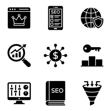 Collection of black flat icons representing SEO concepts: website ranking, .. Stock Illustration