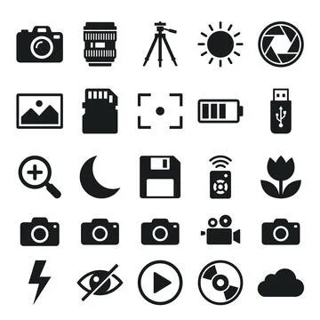 Collection of black flat icons representing photography and camera equipmen.. Stock Illustration